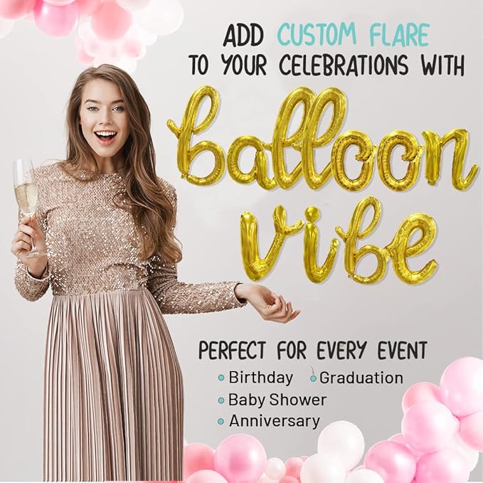 BALLOON VIBE Cursive Letter Balloons - Custom Phrase Script Foil Alphabets & Numbers with Straws, Ribbon and Adhesive Dots - Balloon Banner for Birthday, Anniversary, or Any Other Occasion - 6 Colors