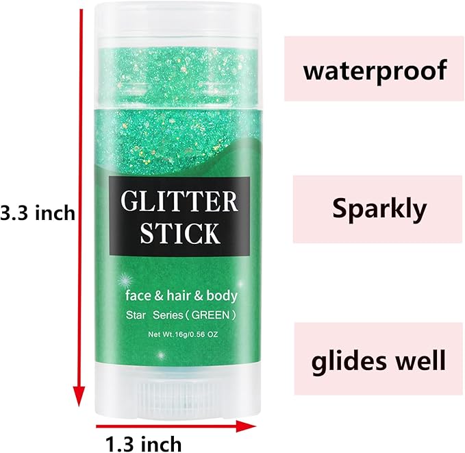 MEICOLY Green Body Glitter Stick,Christmas Hair Glitter Stocking Stuffers for Women Kids,Green Accessories for Spirit Week,Alien Face Glitter,St Patricks Day Accessories,Chunky Glitter for Mardi Gras