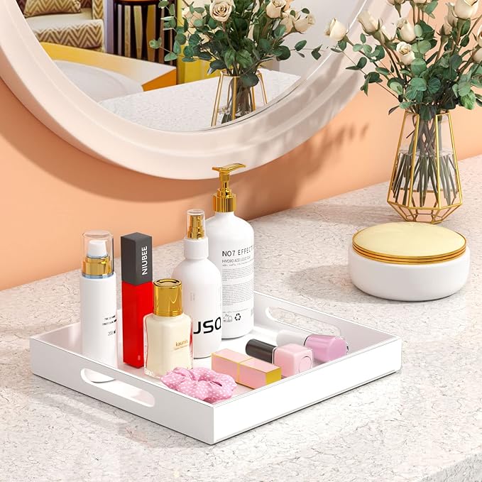 NIUBEE Acrylic Serving Tray 12x12 Inches -Spill Proof- White Decorative Tray Organiser for Ottoman Coffee Table Countertop with Handles