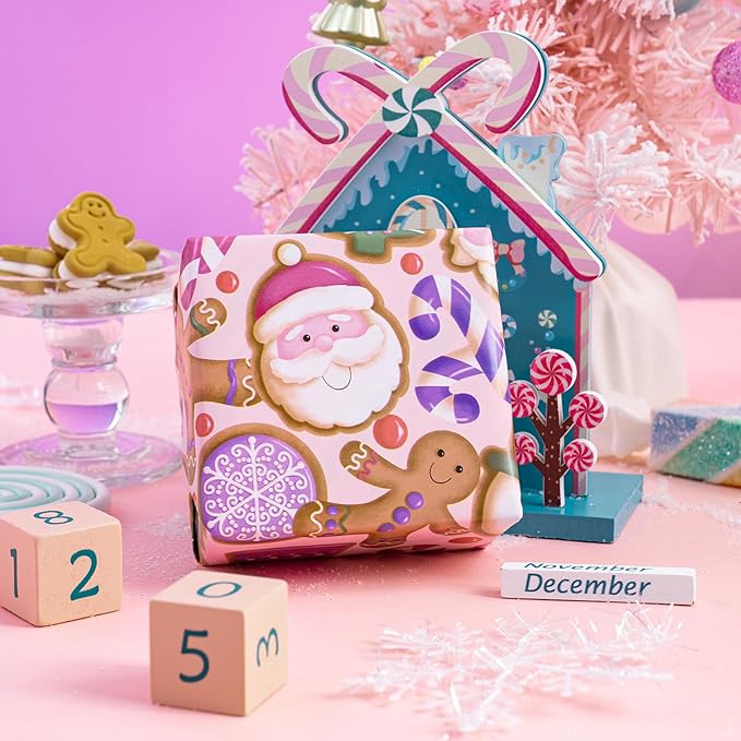 WRAPAHOLIC Reversible Gingerbread Christmas Wrapping Paper - Mini Roll - 17 Inch x 33 Feet - Pink Purple Stripes and Gingerbread Wrapping Paper for Xmas Holiday, Party Celebration