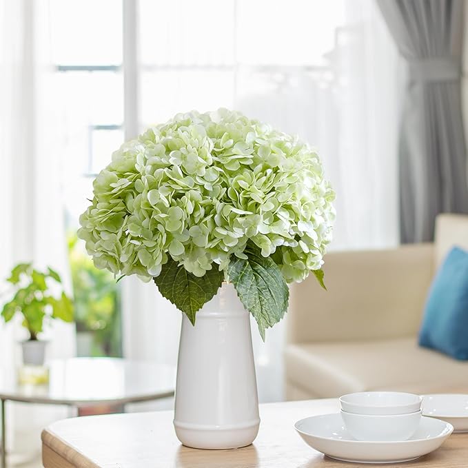 BonBloom's 3 Pcs Light Green Hydrangea Artificial Flowers 21" Latex Large Heads Faux Hydrangeas Flowers Realistic Leaves& Stem for Wedding Table Centerpieces Home Party Outdoor Arrangements Decor