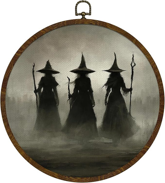 Funny Halloween Witchs Round Wall Art,Gothic Canvas Wall Hanging Decor, Spooky Farmhouse Vintage Round Wall Art for Bedroom Living Room Entryway, Rustic Witch Gothic Wall Decor,Gift for Halloween (Dark-witch)