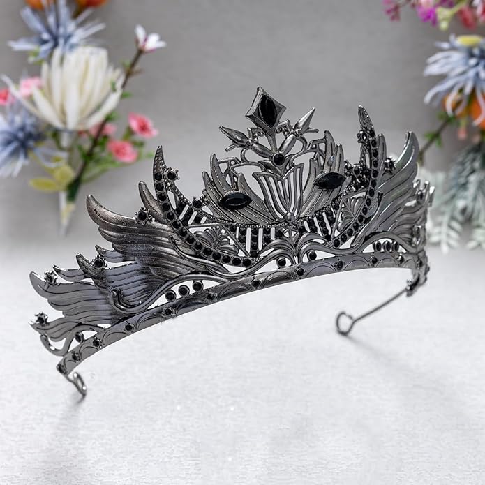 Gothic Red Crystal Flame Wing Tiara Crown for Women Girls, Halloween Cosplay Dark Queen Headpiece, Vintage Rhinestone Headband for Masquerade Party Wedding Prom Stage Accessories