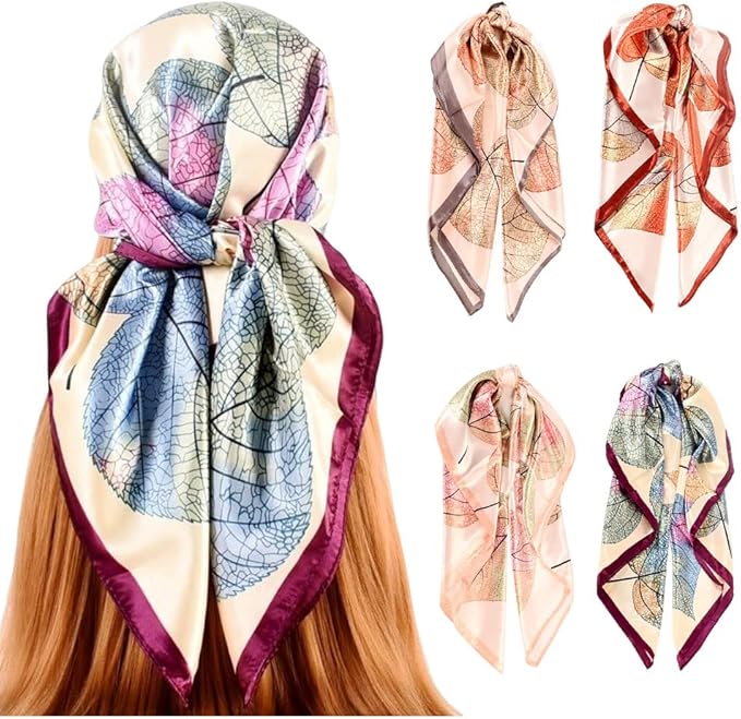 4Pcs Silk Head Scarves for Women Satin Hair Scarf 35”Large Square Bandana Silk Like Neck Scarf Shawl
