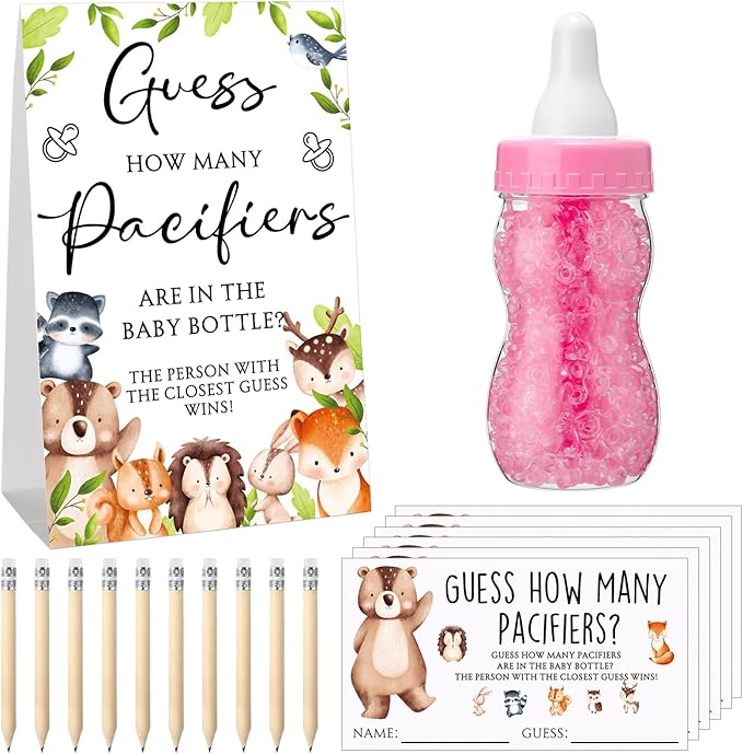 Roowest 512 Pcs Baby Shower Games Guess How Many Pacifiers Sign 100 Small Guessing Games 10 HB Pencils 750ml Milk Bottle 400 Acrylic Pacifiers Decoration for Guest Gender Reveal(Vivid,Woodland)