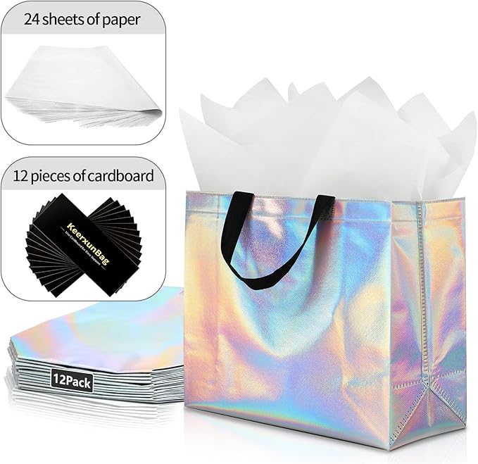 KeerxunBag 12Pcs Reusable Gift Bags（Includes Tissue Paper） Gift bag with handle Birthdays Parties Holidays Weddings Medium 13x5x11in Rainbow Color Gift Bags