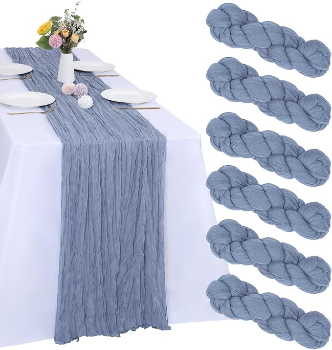 6 Pack Dusty Blue Cheesecloth Table Runner 10FT Boho Gauze Fabric Table Runner 35 x 120 Inch Rustic Sheer Runner for Centerpiece Wedding Decor Baby Shower Party Boho Table Decoration