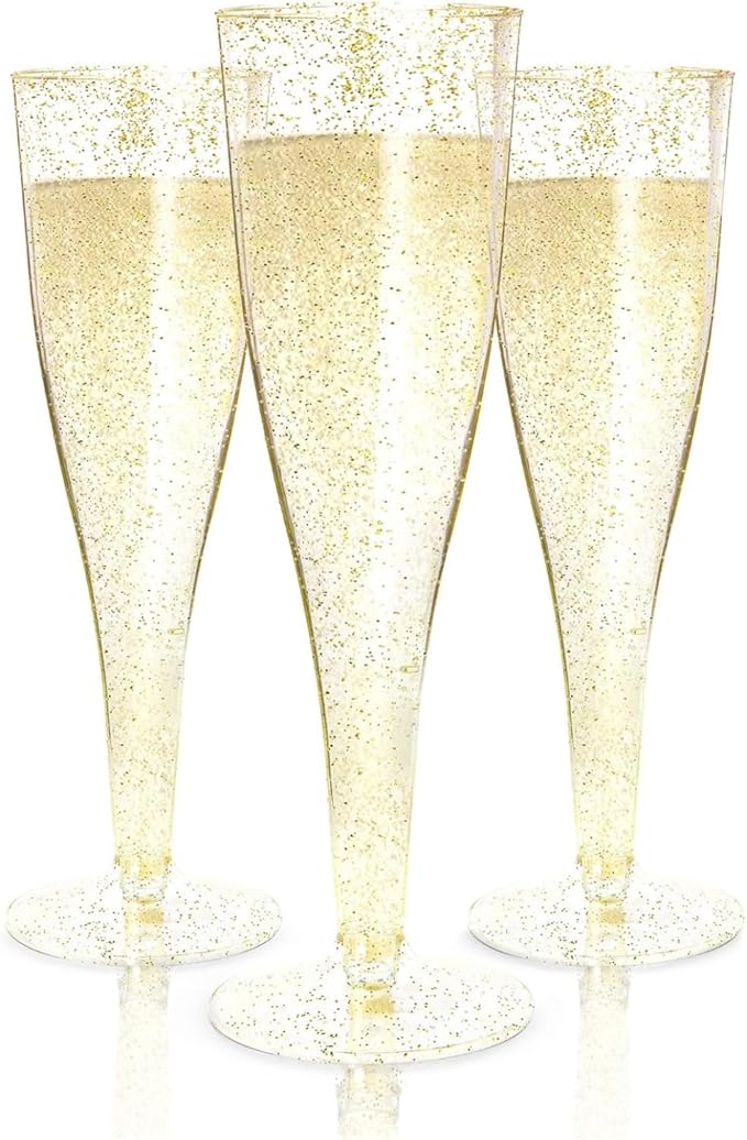 Prestee 100 Gold Plastic Champagne Flutes - 4.5 oz Disposable Champagne Glasses for Toasting at Weddings, Mimosas, Cocktails, Great Gatsby Party Decorations, and Events