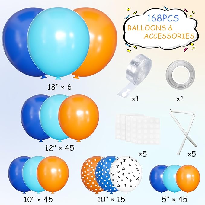 Blue and Orange Balloons Garland Arch Kit, 156 Pcs Royal Blue Orange and Light Blue Latex Balloon Different Sizes 18 12 10 5 inch for Birthday Graduation Space Themed Party Decorations