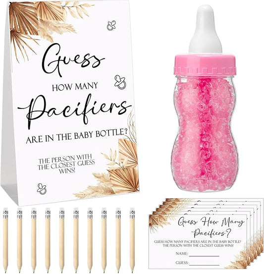 Roowest 512 Pcs Baby Shower Games Guess How Many Pacifiers Sign 100 Small Guessing Games 10 HB Pencils 750ml Milk Bottle 400 Acrylic Pacifiers Decoration for Guest Gender Reveal(Pink,Boho)