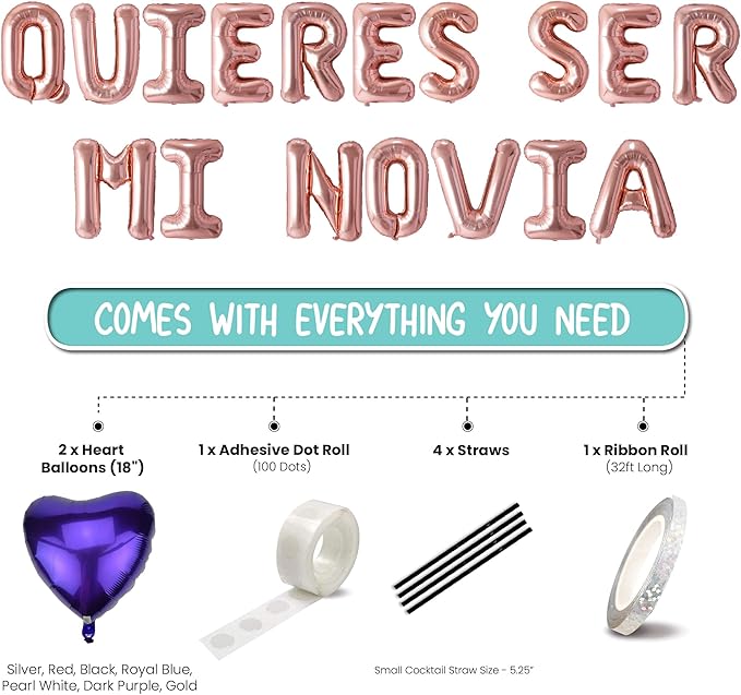 QUIERES SER MI NOVIA Balloons Banner with Two 18" Heart Balloons - Romantic Proposal Decorations for Prom/Date Night and Valentine’s Day - 16" Foil Letters with Straws, Ribbon & Adhesive Dots