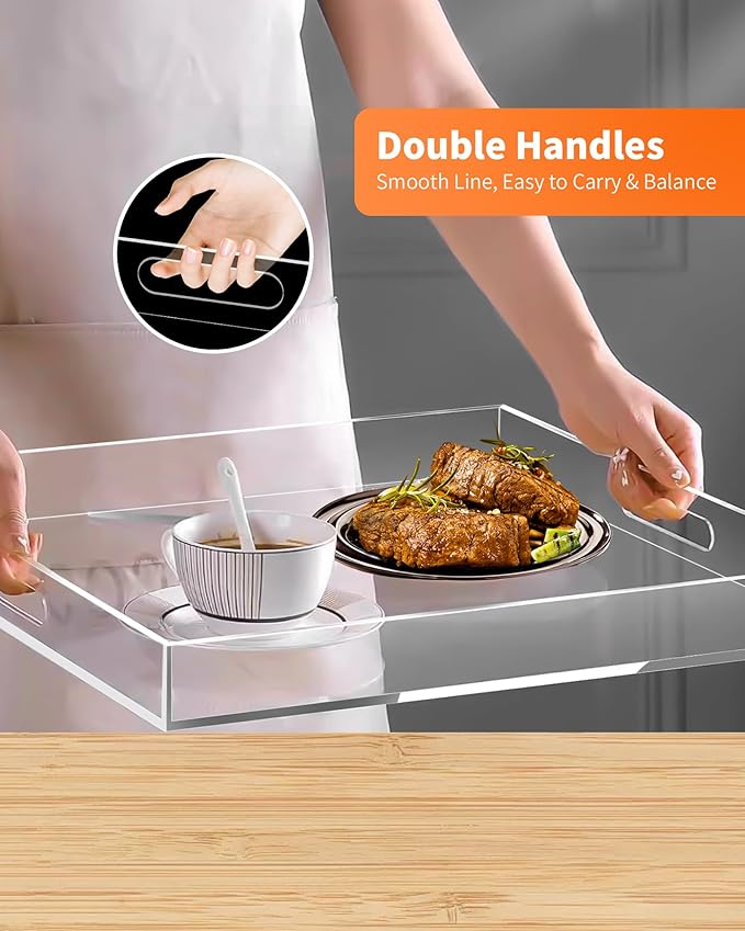 Acrylic Serving Tray Set of 2-16x12 & 15.4x11.9 Inch Clear Luxury Trays for Kitchen, Dining, Bathroom Organizer - Non-Slip, Scratch-Resistant, Spill-Proof Design - Ideal Gift for Housewarming, Parties