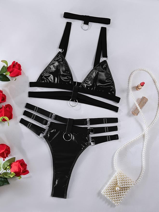 Lilosy Sexy Wireless Choker O Ring Linked Strappy Harness Lingerie Set Outfits 3 Piece