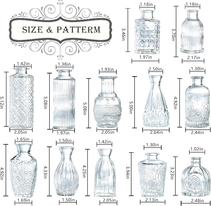 Bud Vases Set of 12,Glass Bud Vases in Bulk,Small Flower Vases for Centerpieces,Mini Vintage Vase for Wedding, Home Table Decor,Christmas,Party Decoration,Clear