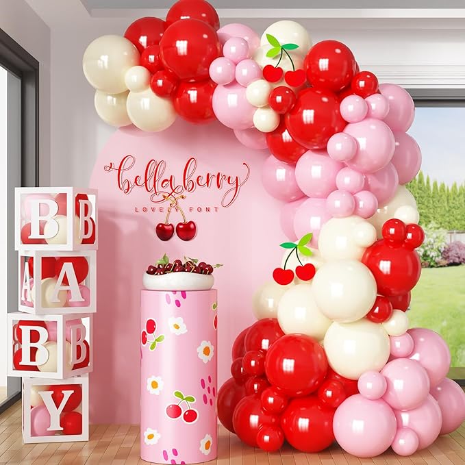 Pink and Red Balloon Arch Kit Cherry Balloon Garland 91Pcs Red Baby Pink Pastel Yellow Party Balloon for Girls Sweet One Berry First Birthday Strawberry Baby Shower Party Decorations
