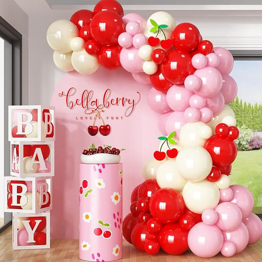 Pink and Red Balloon Arch Kit Cherry Balloon Garland 91Pcs Red Baby Pink Pastel Yellow Party Balloon for Girls Sweet One Berry First Birthday Strawberry Baby Shower Party Decorations