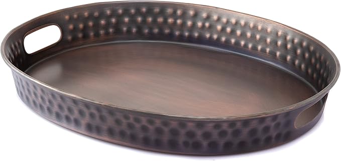 Monarch Abode Hand Hammered Metal Serving Tray with Handles, 17-Inch Antique Copper Finish– Oval Serving Platter, Large Serving Tray for Party, Fruit Platter, Dessert Trays, Serving Dishes