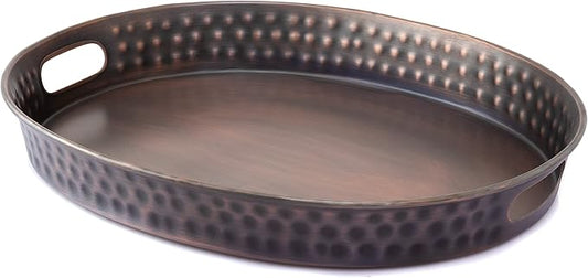 Monarch Abode Hand Hammered Metal Serving Tray with Handles, 17-Inch Antique Copper Finish– Oval Serving Platter, Large Serving Tray for Party, Fruit Platter, Dessert Trays, Serving Dishes