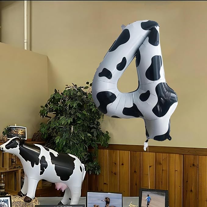 Cow Print Number Balloons, Large Foil Number 4 Balloon 40 Inch Cow Balloon for Boys Girls Birthday Decoration Cow Themed Birthday Party Decorations Farm Animal Party Supplies