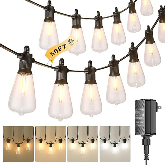 Kawaya Outdoor String Lights for Patio - ST38 Outside IP64 Waterproof Hanging Light with 2700k~6000k Dimmable - 50FT Led Edison Lights for Cafe Bistro Yard Gazebo Porch