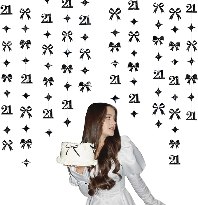 Black 21st Bow Birthday Decorations Glitter Conquette Bow Garland Streamer Banner Backdrop for Girls Boys Happy 21st Birthday Finally Legal Cheers to 21 Years Old Awesome Since 2004 Party Supplies