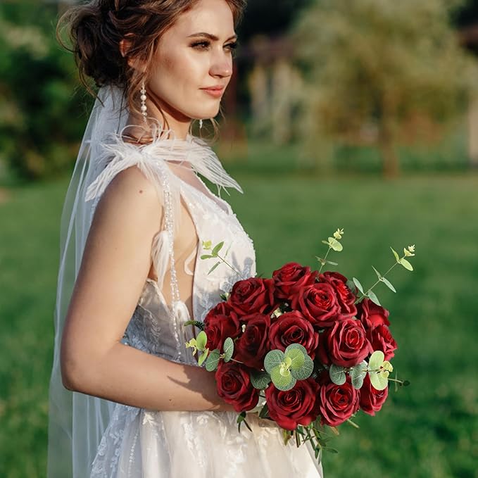 Tifuly 50 Pcs Red Roses Artificial Flowers Bulk,Realistic Long Stem Fake Silk Roses Bouquet for Wedding Centerpiece Table Vases Party Home Kitchen Decor（Burgundy）