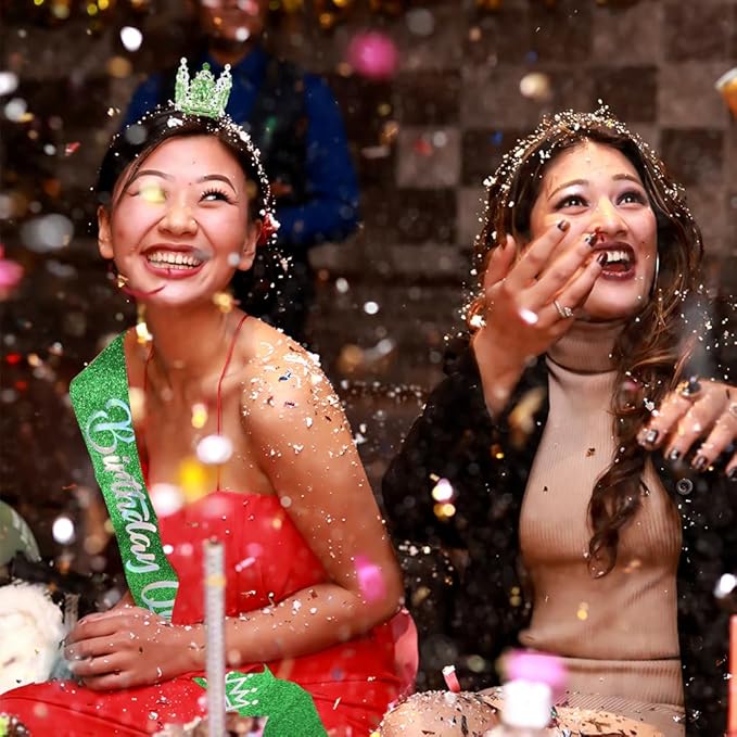 Birthday Queen Sash for Women Tiara & Crowns Headbands for Girls Happy Birthday Party Accessories Favor Supllies Leona Silver Pink Green, 2 Pack