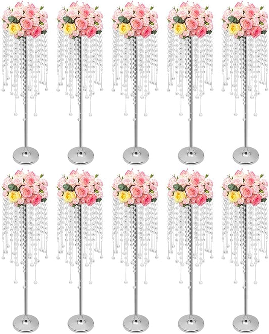 Wedding Centerpieces Silver Vases,10PCS Metal Flower Candle Holder with Sparkling Crystal Beads,Crystal Flower Vase Metal Flowers Stand for Party Tables Decorations (10PCS-Silver)