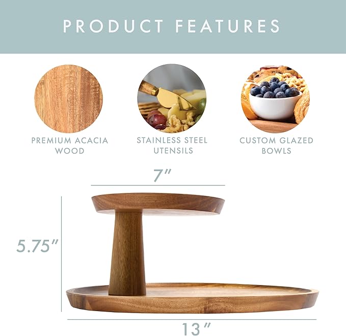 Charcuterie Boards Gift Set - Acacia Two-Tier Serving Tray Cupcake Stand Display with Knife Set and Bowls for Entertaining