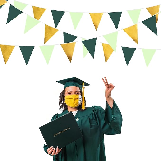 32Ft Dark Green and Gold Decorations Olive Green and Gold Triangle Flag Fabric Banner Pennant Bunting Garland Streamers for Wedding Baby Shower Birthday Home Nursery Outdoor Garden Party Decoration