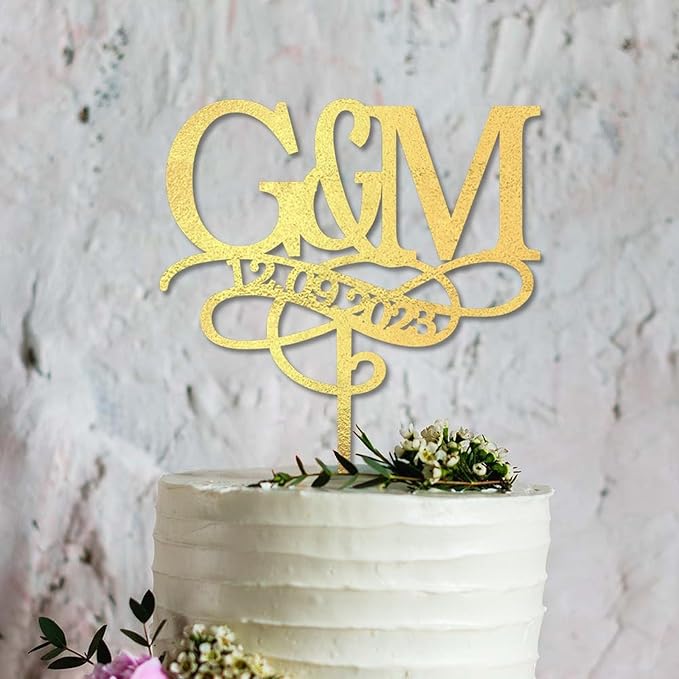 Personalised Gold Initials Wedding Cake Topper, Custom Two Initial and Date Cake Topper, Monogram Cake Topper, Made in USA, 2 Letters Engagement Cake Topper, Rustic Anniversary Party Decoration