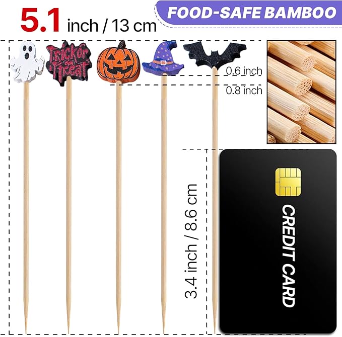 PuTwo Halloween Cocktail Picks 4.7 Inch 100pcs Bamboo Fancy Skewers Toothpicks for Appetizers Food Drink Fruit Sandwich BBQ Halloween Cocktail Party Charcuterie Boards Accessories Party Supplies