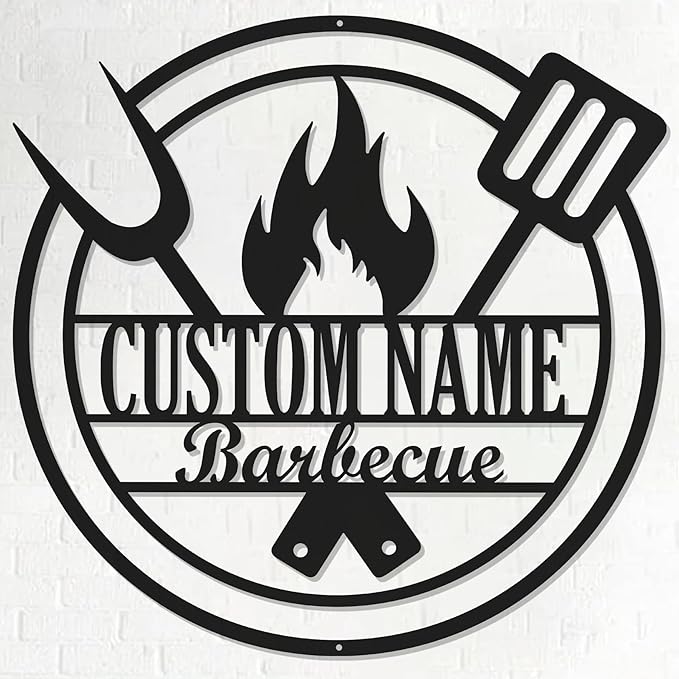 Metal BBQ Sign - Round Grill Barbecue Wall Decor - Retro Kitchen Zone Hanging Sign for Outdoor Backyard Wall Art Decoration