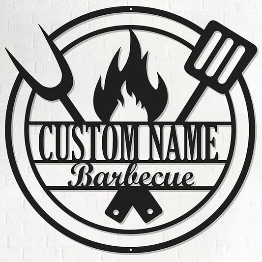 Metal BBQ Sign - Round Grill Barbecue Wall Decor - Retro Kitchen Zone Hanging Sign for Outdoor Backyard Wall Art Decoration