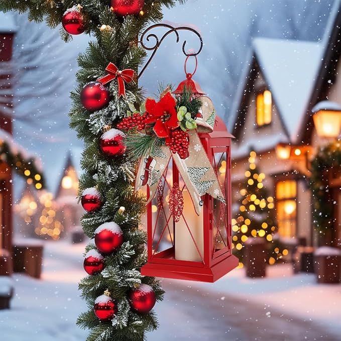 DECORKEY Christmas Decorations, 18” Metal Christmas Lantern with LED Candle and Floral Accents for Home Decor, Decorative Hanging Candle Holder Indoor Outdoor for Table Centerpieces, Porch, Patio