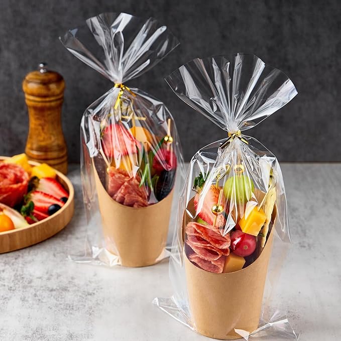 50 Sets 14 oz Charcuterie Cups with Sticks, Individual Kraft Paper Charcuterie Boxes Disposable Individual Appetizer Serving Cups (50 Cups + 200 Cocktail Picks + 50 Bags + 50 Ties)