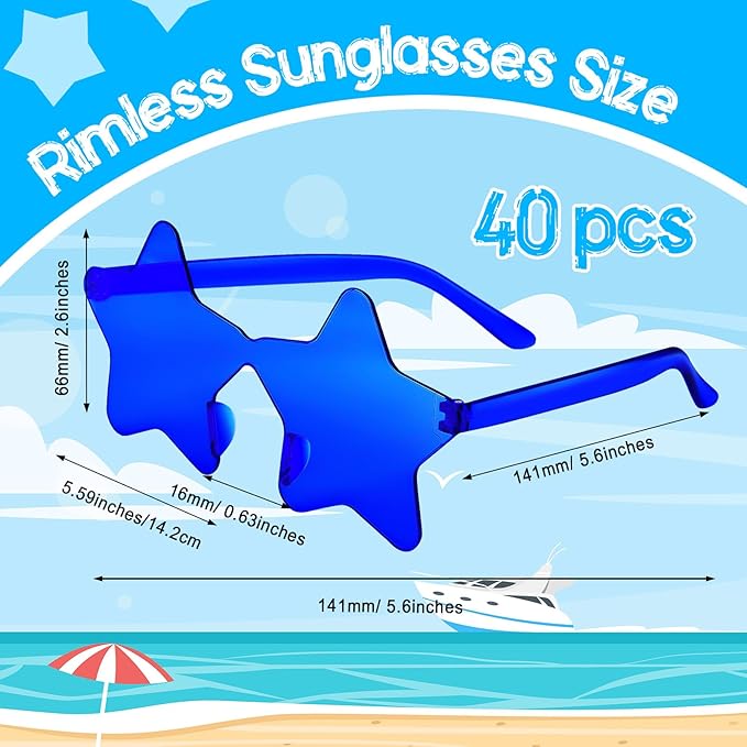 PLULON 40 Pairs Navy Blue Star Sunglasses Rimless Star Shape Sunglasses Party Star Glasses Bulk Bachelorette Sunglasses Star Party Favors for Birthday Beach Kids Adult