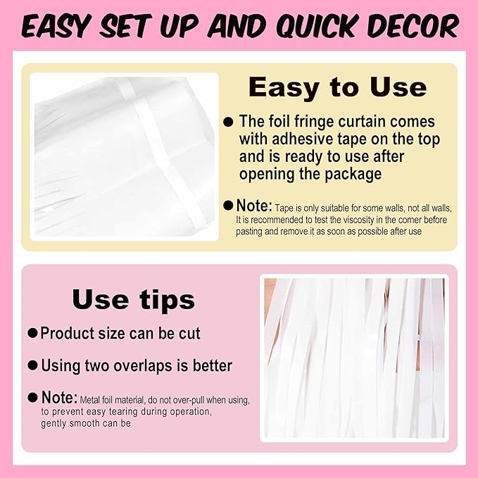 6 Pack Macaron White Foil Fringe Curtains Backdrop, 3.28 x 9.8 Ft Metallic Streamers Tinsel Curtains Background for Photo Booth, Birthday, Halloween, Christmas, New Year Party Decorations