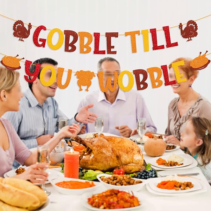 Gobble Till You Wobble Banner Thanksgiving Banner for Autumn Harvest Fall Thanksgiving Day Theme Family Kids Boy Girl Party Supplies Glitter Golden Decorations
