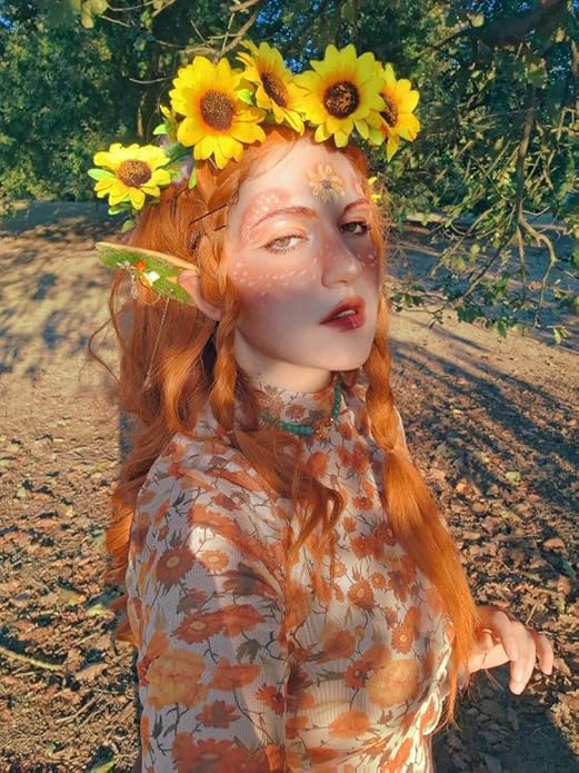 FRESHME Forest Mushroom Elf Ears, Soft Fairy Ears with Mushroom Moss and Flower Elven Ear Cuffs Halloween Renaissance Cosplay