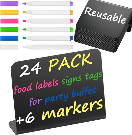 Herda 24 PCS Food Labels for Party Buffet 4"x3" Mini Chalkboard Signs for Birthday Bakery Place Cards Name Cards Food Tags for Wedding Table Signs Chalkboard Labels Includes 6 Wet Erase Markers