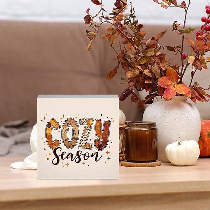 Cozy Season Fall Decor for Home Funny Fall Decorations Vintage Autumn Decor Cute Autumn Pumpkin Decorations for Desk Table 5 x 5 inches