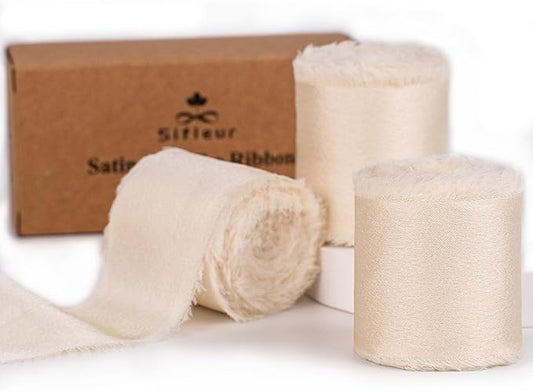 Satin Silk Ribbon, Ivory White Ribbon for Wrapping, 1-1/2 inch x 15 Yd Handmade Frayed Fringe Ribbon, for Wedding Engagement Birthday Showers Craft Flower Bouquet Invitation Decor, 3 Rolls