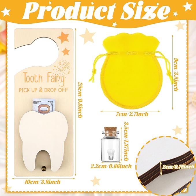 Tooth Fairy Holder Bag Hanger with Money Slot Keepsake Bottle Velvet Pouch Tooth Fairy Box Encourage Gift for Lost Teeth Boy Girl Milk(Classic,Yellow)