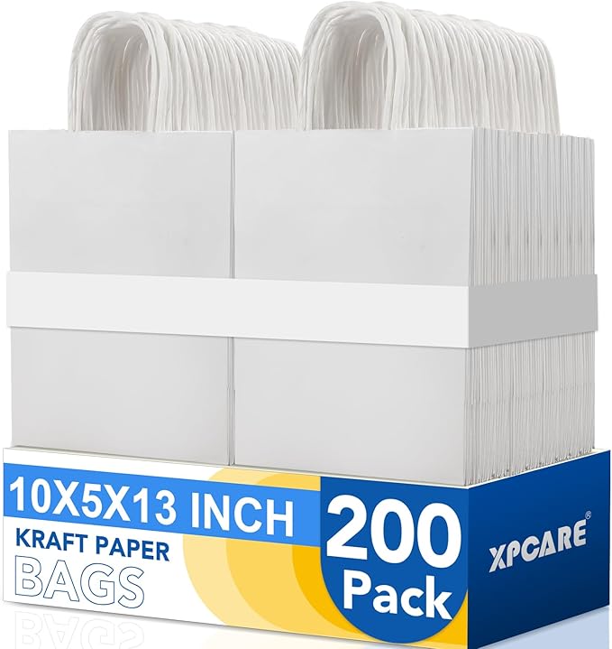 XPCARE White Paper Bags, 200 Packs 10x5x13 Inch Gift Bags with Handles Bulk Paper Bags with Handles Retail Kraft Paper Bag White Gift Bag for Wedding Party Shopping