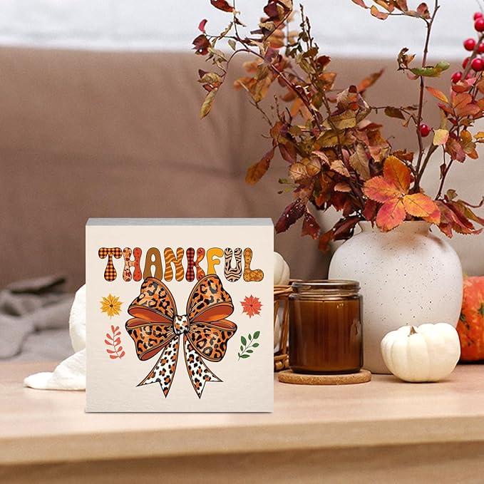 Thankful Fall Decor Fall Decorations for Home Autumn Leopard Bow Decor Cute Autumn Thanksgiving Decorations for Desk Table 5 x 5 inches