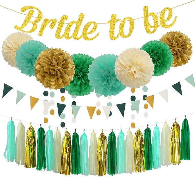 Sage-Green Beige-Gold Bridal Shower Party-Decorations - 31pcs Kits Bride to Be Banner Flags, Tissue Paper Pom Poms Streamers,Bachelorette Tassel Garland Decor Panduola