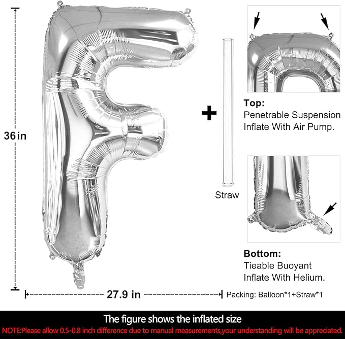 Lovoir 40 Inch Large Silver Letter F Balloons Big Size Jumbo Mylar Foil Helium Balloon for Birthday Party Celebration Decorations Alphabet Silver F