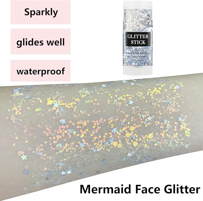 MEICOLY Mermaid Body Glitter Stick,Waterproof Halloween Face Glitter Gel,Chunky Glitter for Face/Body/Hair/Eyes,Glitter Face Paint,Sparkling Glitter Makeup,Body Glitter for Women and Kids