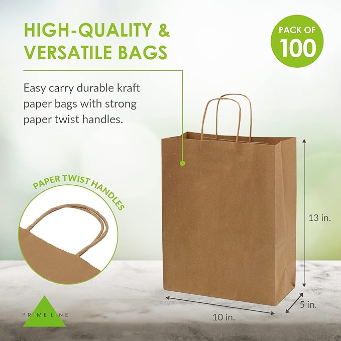 Prime Line Packaging Brown Paper Bags with Handles, Medium Kraft Gift Bags for Small Business, Shopping, Boutiques, Retail Store, Bulk, 10x5x13, 100 Pack